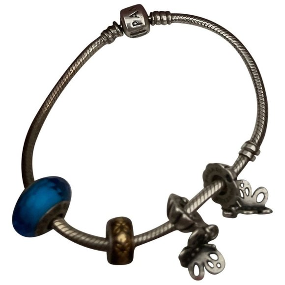 Pandora bracelet in 925 sterling silver, snake link, barrel clasp, heart charm i